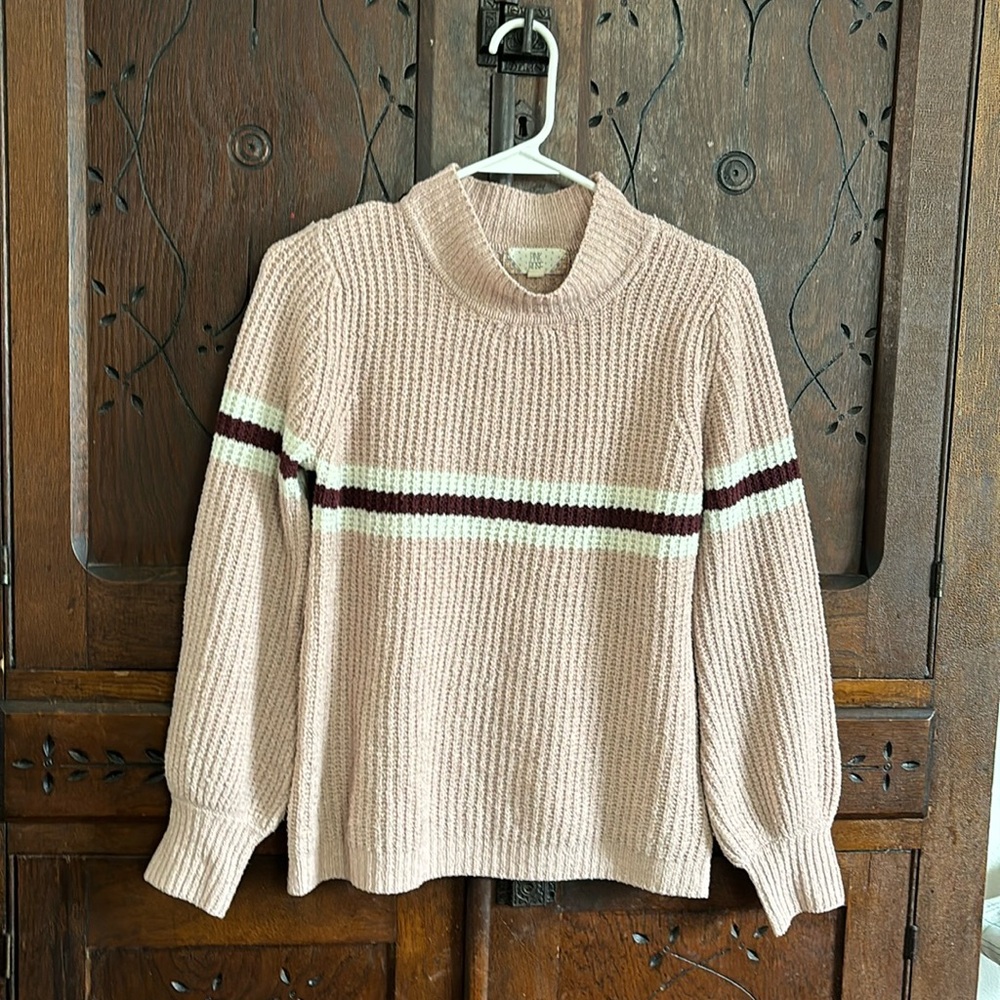 Pink Rose Pullover sweater. Long sleeve, mid chest horizontal stripes.